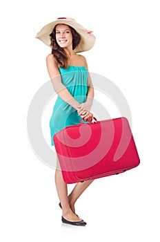 Woman traveller with suitcase isolated