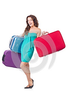 Woman traveller with suitcase isolated