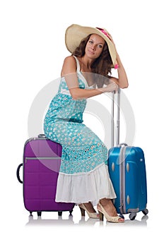 Woman traveller with suitcase isolated