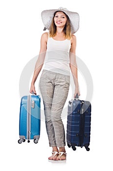 Woman traveller with suitcase isolated