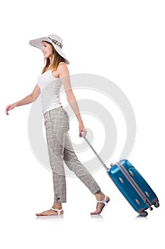 Woman traveller with suitcase isolated