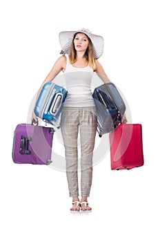 Woman traveller with suitcase isolated