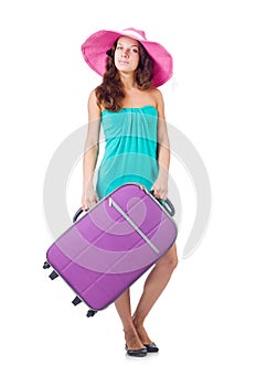 Woman traveller with suitcase isolated