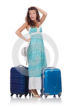 Woman traveller with suitcase isolated