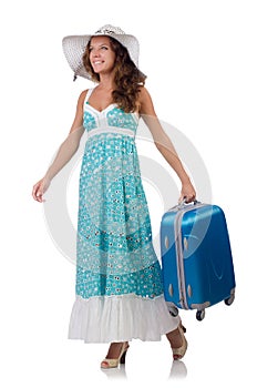 Woman traveller with suitcase isolated