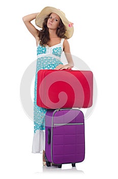 Woman traveller with suitcase isolated