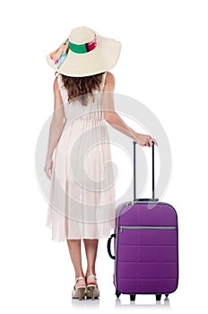 Woman traveller with suitcase isolated