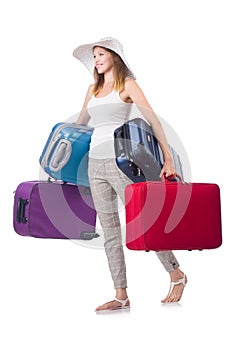 Woman traveller with suitcase isolated