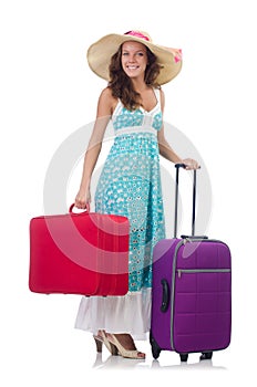 Woman traveller with suitcase isolated