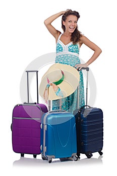 Woman traveller with suitcase isolated