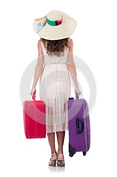 Woman traveller with suitcase isolated