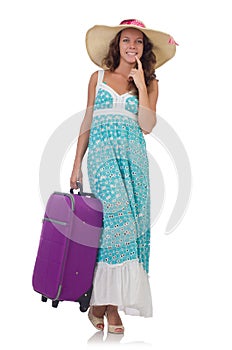 Woman traveller with suitcase isolated