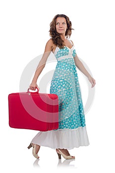 Woman traveller with suitcase isolated