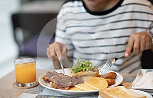 woman traveller take selfie her breakfast