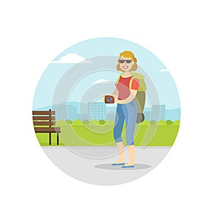 Woman Travelling with Backpack on Summer Vacation, Female Tourist Sightseeing and Taking Photo with Camera Vector