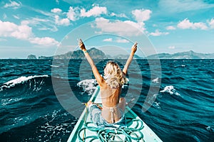 Woman travelling on the boat in Asia