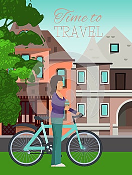 Woman travels riding bicycle poster vector illustration. Healthy lifestyle, outdoor activities. Time to travel concept