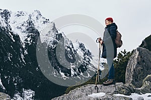 Woman trekking in High Tatra mountains in winter, Slovakia