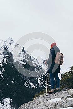 Woman trekking in High Tatra mountains in winter, Slovakia