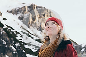 Woman trekking in High Tatra mountains in winter, Slovakia