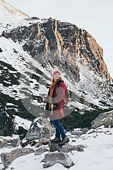 Woman trekking in High Tatra mountains in winter, Slovakia