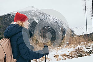 Woman trekking in High Tatra mountains in winter, Slovakia