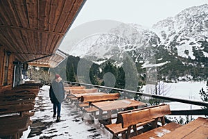 Woman trekking in High Tatra mountains in winter, Slovakia