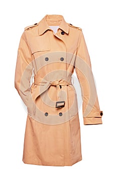 Woman trench coat. A luxurious and stylish elegant female light beige trench coat on mannequin isolated on a white background.