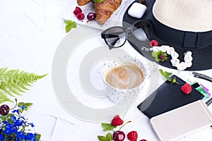 Woman trendy fashion clothes collage on white, flat lay, top view. Women`s accessories. Planning a vacation. Berries and leaves.