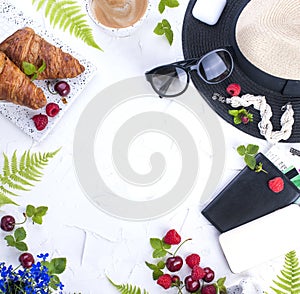 Woman trendy fashion clothes collage on white, flat lay, top view. Women`s accessories. Planning a vacation. Berries and leaves.