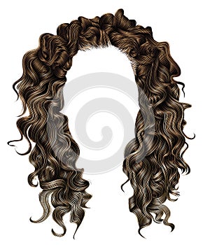 Woman trendy long curly brunette hairs wig brown . retro style .