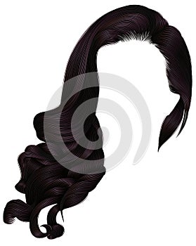 Woman trendy long curly brunette hairs wig brown . retro style . photo