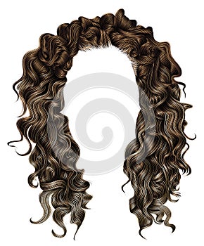 Woman trendy long curly brunette hairs wig brown . retro style . photo