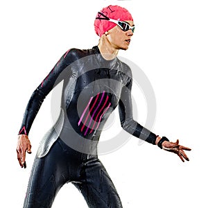 Woman triathlon triathlete ironman swimmer swimming swimsuit isolated white background