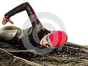 Woman triathlon triathlete ironman swimmer swimming swimsuit isolated white background