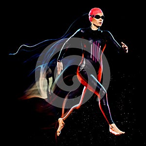 Woman triathlon triathlete isolated black background