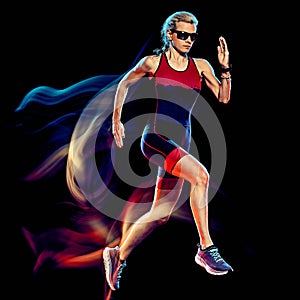 Woman triathlon triathlete runner running joogger jogging isolated black background