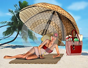 Woman on a tropical beach under umbrella