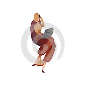 Woman with a laptop talking on the phone. Vector illustration on white background.