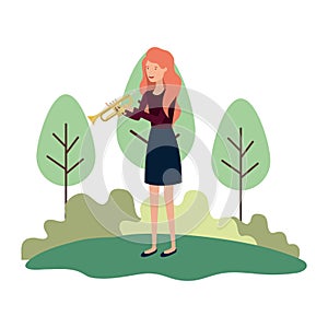 Woman with trumpet in landscape avatar character