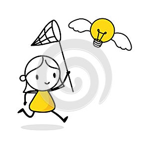 Woman try to catch flying bright lightbulb. Idea generation and creativity concept. Vector stock illustration
