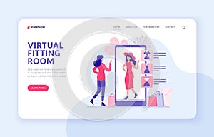 Woman trying clothes in web application illustration. Landing page website banner template