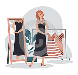 Woman trying on new dress in fashion store fitting room, beautiful girl looking in mirror, vector illustration