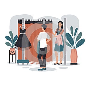 Woman trying on new dress in fashion store fitting room, beautiful girl looking in mirror, vector illustration
