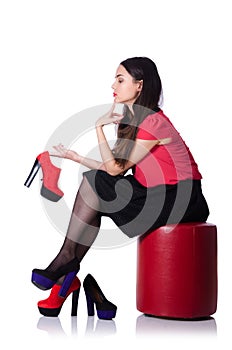 Woman trying new shoes isolated