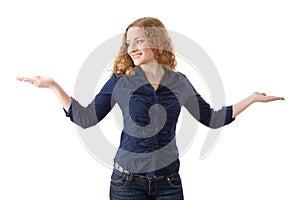 Woman trying to choose - woman isolated on white background