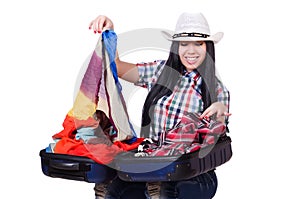 Woman trying to pack too much isolated