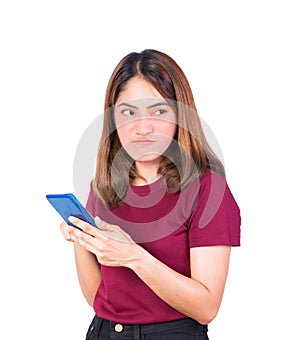 Woman turn face frown use photo smartphone. closeup on white background