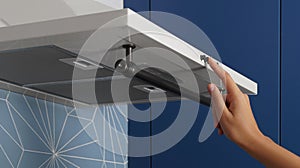 Woman turning on modern electric exhaust hood in kitchen, closeup