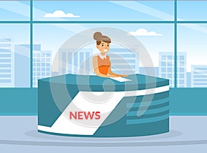 Woman TV Reporter at Desk in Studio Announcing the News Vector Illustration